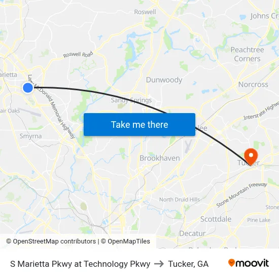 S Marietta Pkwy at Technology Pkwy to Tucker, GA map