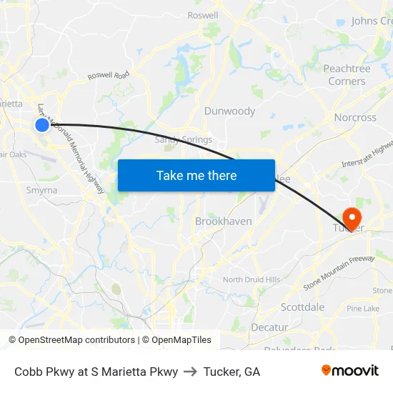 Cobb Pkwy at S Marietta Pkwy to Tucker, GA map