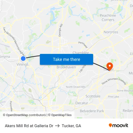 Akers Mill Rd at Galleria Dr to Tucker, GA map