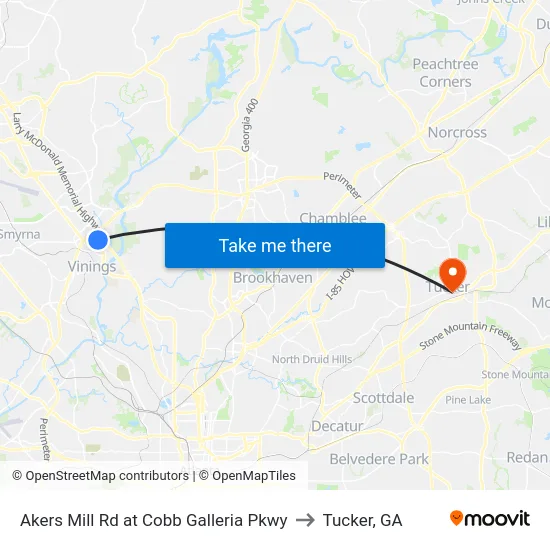 Akers Mill Rd at Cobb Galleria Pkwy to Tucker, GA map
