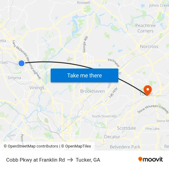 Cobb Pkwy at Franklin Rd to Tucker, GA map