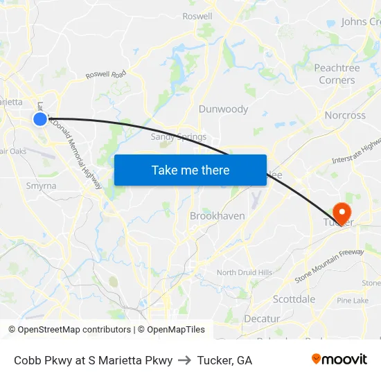 Cobb Pkwy at S Marietta Pkwy to Tucker, GA map