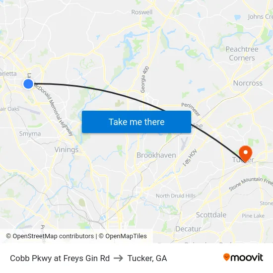 Cobb Pkwy at Freys Gin Rd to Tucker, GA map