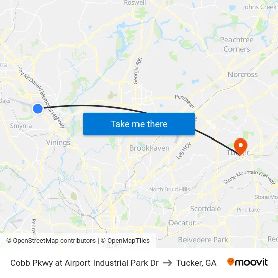 Cobb Pkwy at Airport Industrial Park Dr to Tucker, GA map