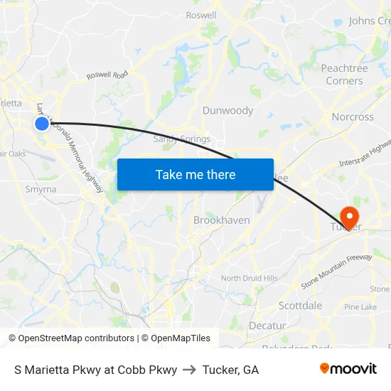 S Marietta Pkwy at Cobb Pkwy to Tucker, GA map
