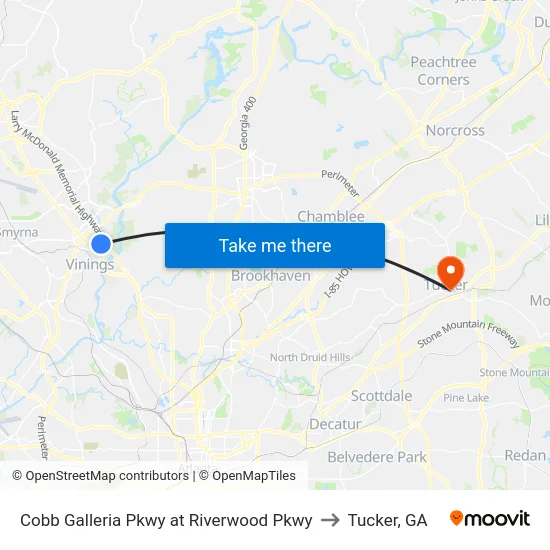 Cobb Galleria Pkwy at Riverwood Pkwy to Tucker, GA map