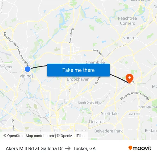 Akers Mill Rd at Galleria Dr to Tucker, GA map