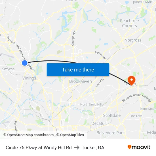 Circle 75 Pkwy at Windy Hill Rd to Tucker, GA map