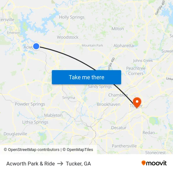 Acworth Park & Ride to Tucker, GA map