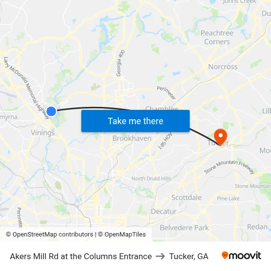 Akers Mill Rd at the Columns Entrance to Tucker, GA map