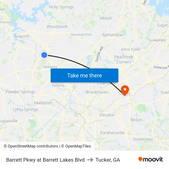 Barrett Pkwy at Barrett Lakes Blvd to Tucker, GA map