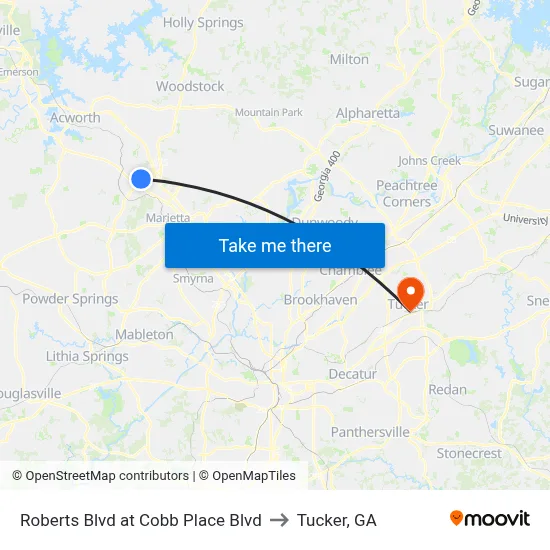 Roberts Blvd at Cobb Place Blvd to Tucker, GA map