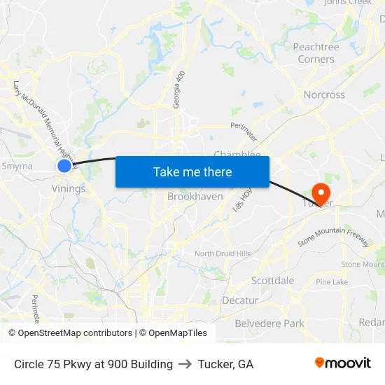 Circle 75 Pkwy at 900 Building to Tucker, GA map