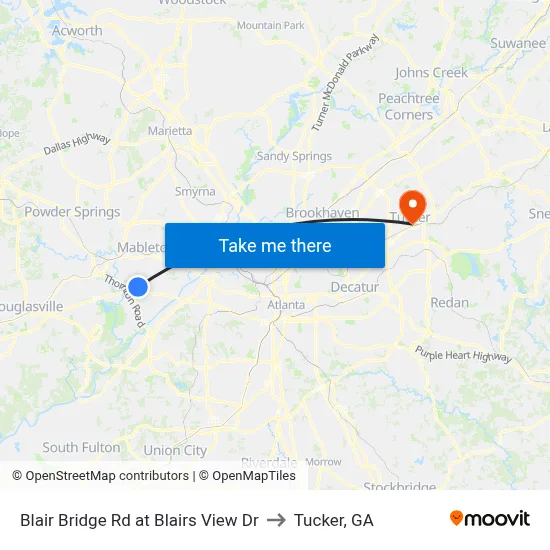 Blair Bridge Rd at Blairs View Dr to Tucker, GA map