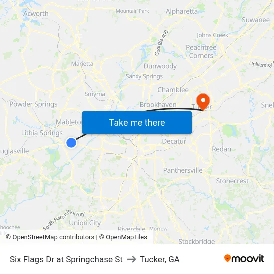 Six Flags Dr at Springchase St to Tucker, GA map