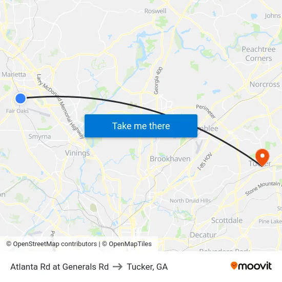 Atlanta Rd at Generals Rd to Tucker, GA map