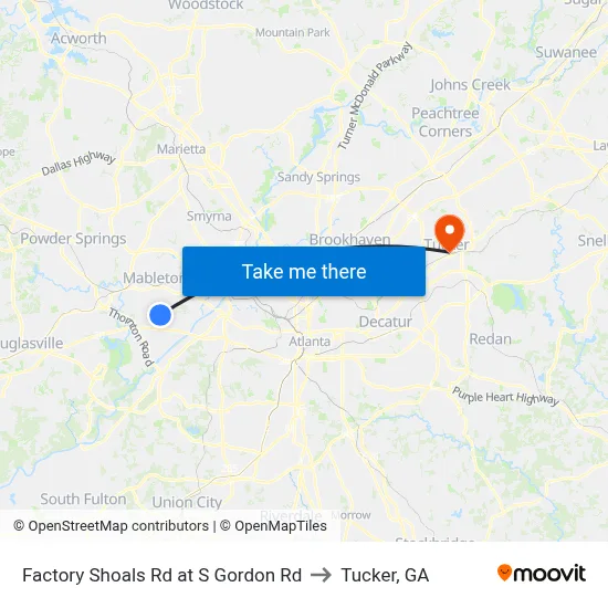 Factory Shoals Rd at S Gordon Rd to Tucker, GA map