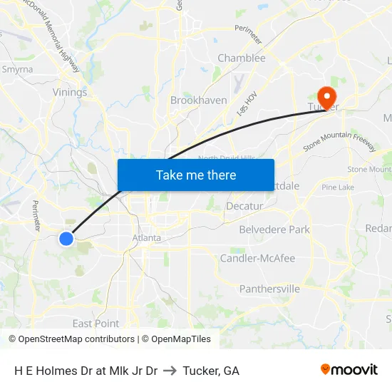 H E Holmes Dr at Mlk Jr Dr to Tucker, GA map