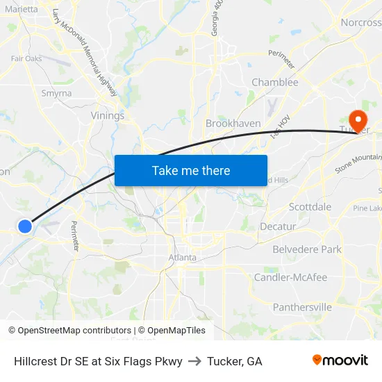 Hillcrest Dr SE at Six Flags Pkwy to Tucker, GA map