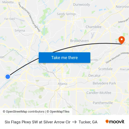 Six Flags Pkwy SW at Silver Arrow Cir to Tucker, GA map