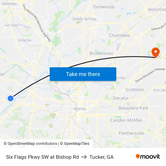 Six Flags Pkwy SW at Bishop Rd to Tucker, GA map