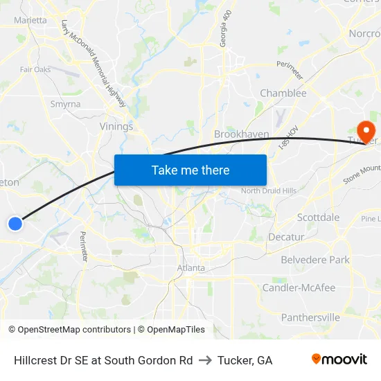Hillcrest Dr SE at South Gordon Rd to Tucker, GA map