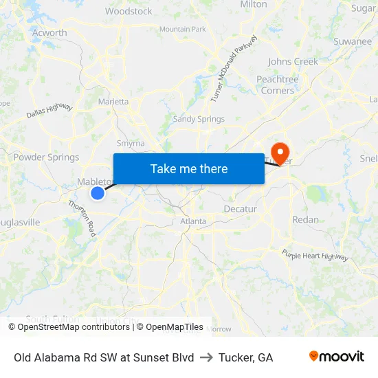 Old Alabama Rd SW at Sunset Blvd to Tucker, GA map