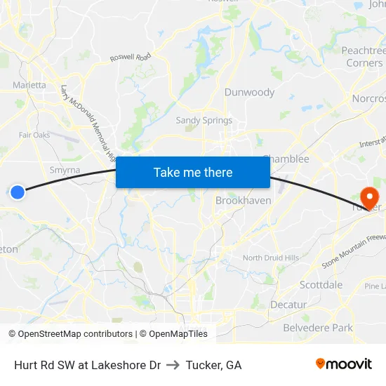 Hurt Rd SW at Lakeshore Dr to Tucker, GA map