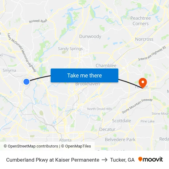 Cumberland Pkwy at Kaiser Permanente to Tucker, GA map