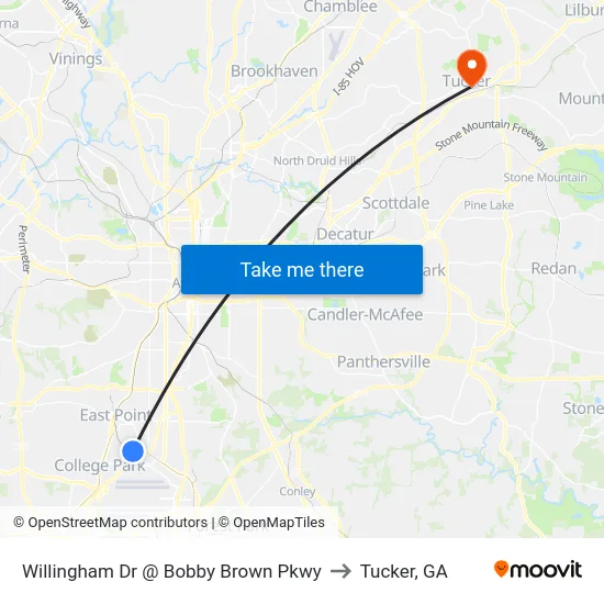 Willingham Dr @ Bobby Brown Pkwy to Tucker, GA map