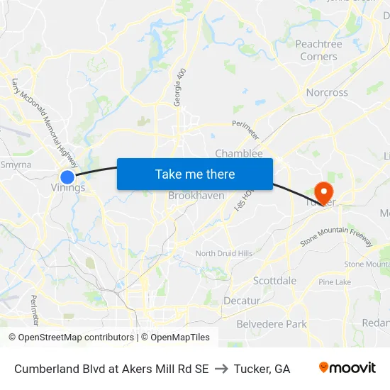 Cumberland Blvd at Akers Mill Rd SE to Tucker, GA map