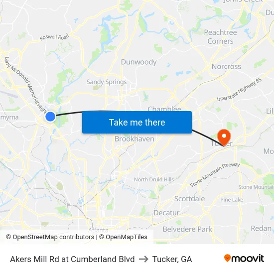 Akers Mill Rd at Cumberland Blvd to Tucker, GA map