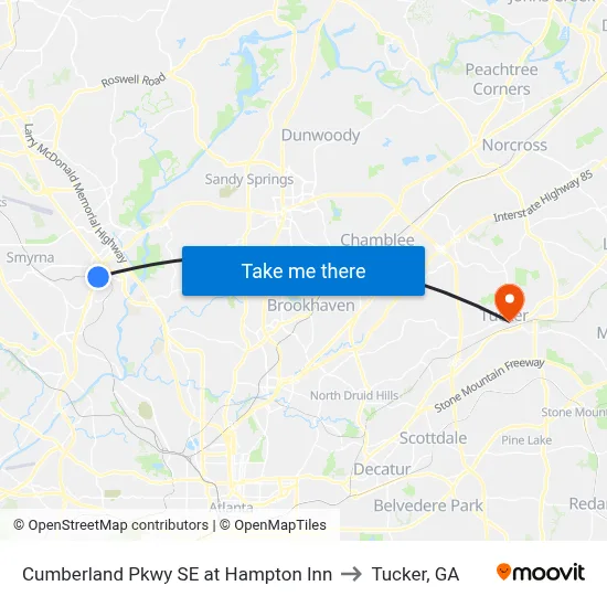 Cumberland Pkwy SE at Hampton Inn to Tucker, GA map