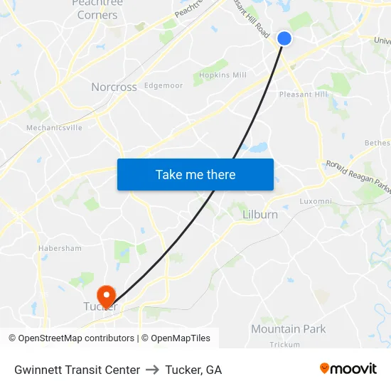 Gwinnett Transit Center to Tucker, GA map