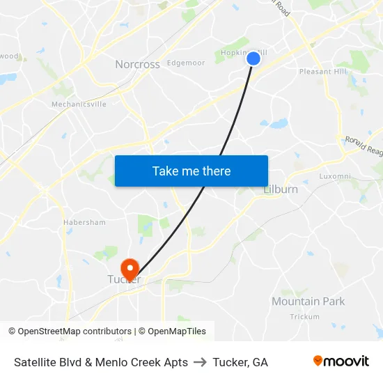 Satellite Blvd & Menlo Creek Apts to Tucker, GA map