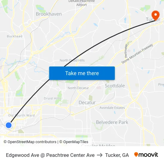 Edgewood Ave @ Peachtree Center Ave to Tucker, GA map