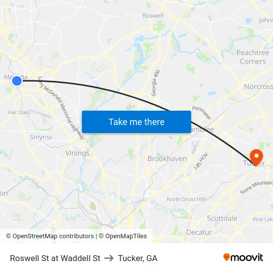 Roswell St at Waddell St to Tucker, GA map