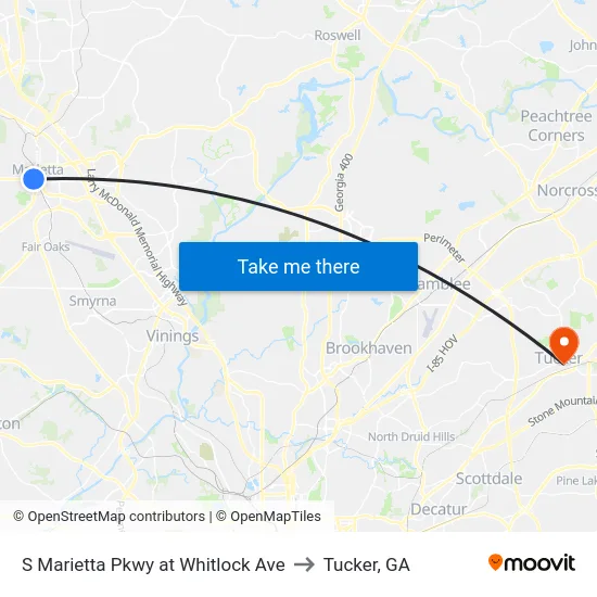 S Marietta Pkwy at Whitlock Ave to Tucker, GA map