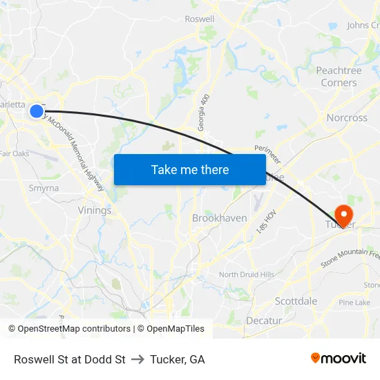 Roswell St at Dodd St to Tucker, GA map