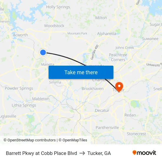 Barrett Pkwy at Cobb Place Blvd to Tucker, GA map