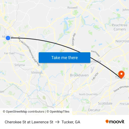 Cherokee St at Lawrence St to Tucker, GA map
