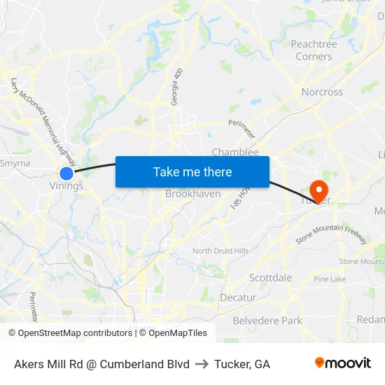 Akers Mill Rd @ Cumberland Blvd to Tucker, GA map
