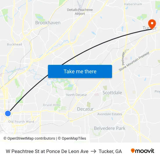 W Peachtree St at Ponce De Leon Ave to Tucker, GA map