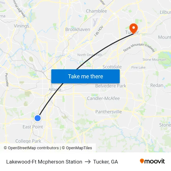 Lakewood-Ft Mcpherson Station to Tucker, GA map