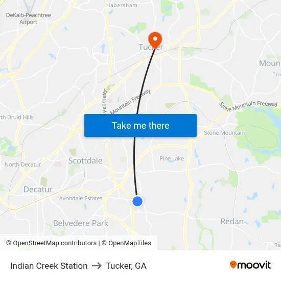 Indian Creek Station to Tucker, GA map