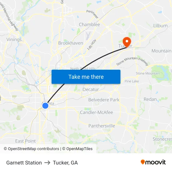 Garnett Station to Tucker, GA map