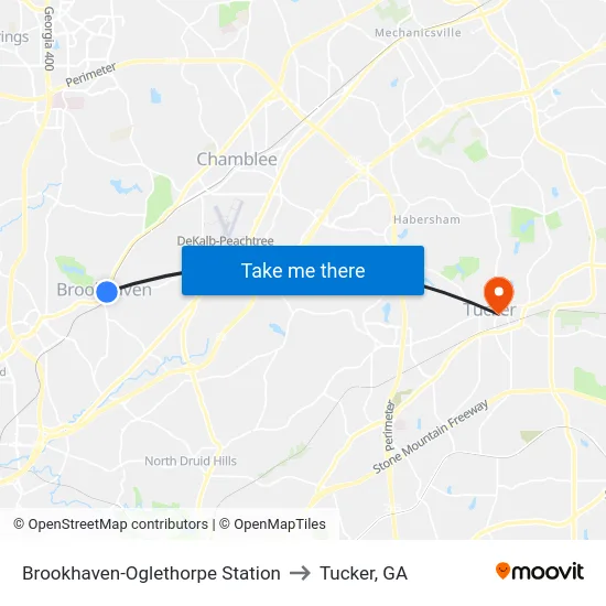Brookhaven-Oglethorpe Station to Tucker, GA map