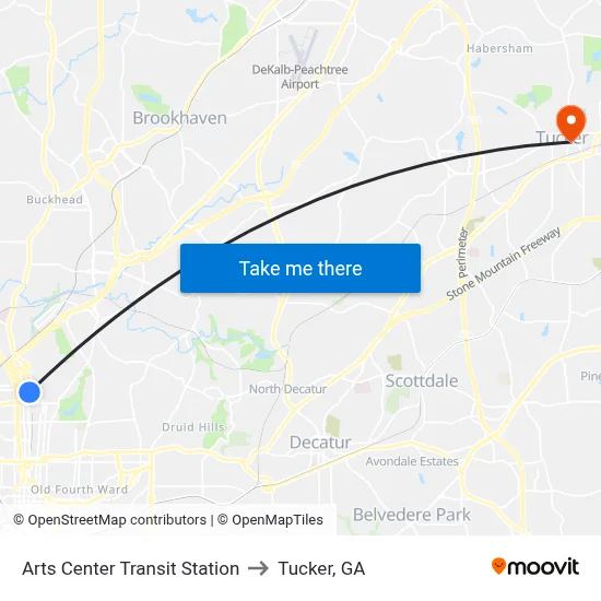 Arts Center Transit Station to Tucker, GA map