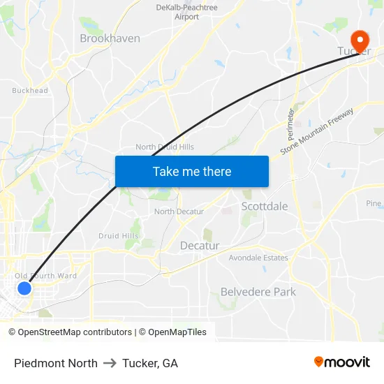 Piedmont North to Tucker, GA map