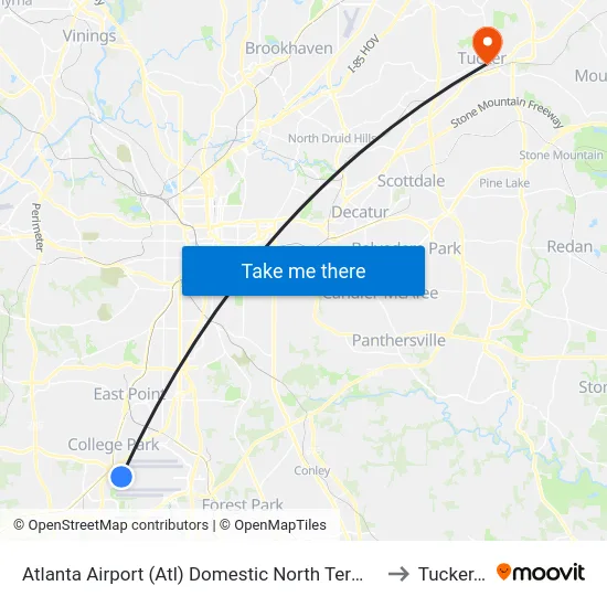 Atlanta Airport (Atl) Domestic North Terminal Dropoffs to Tucker, GA map